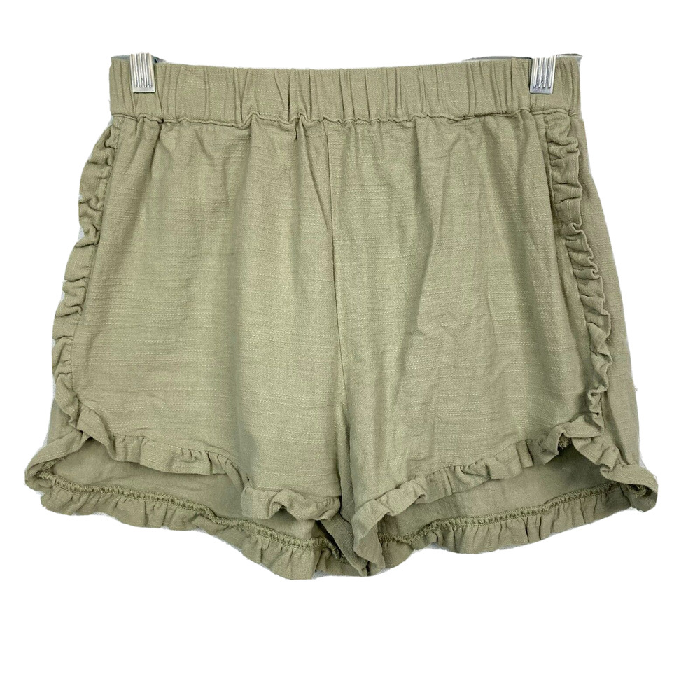 Gigio USA Shorts Womens Sz Small Beige Green Cotton Pull On Ruffle Trim